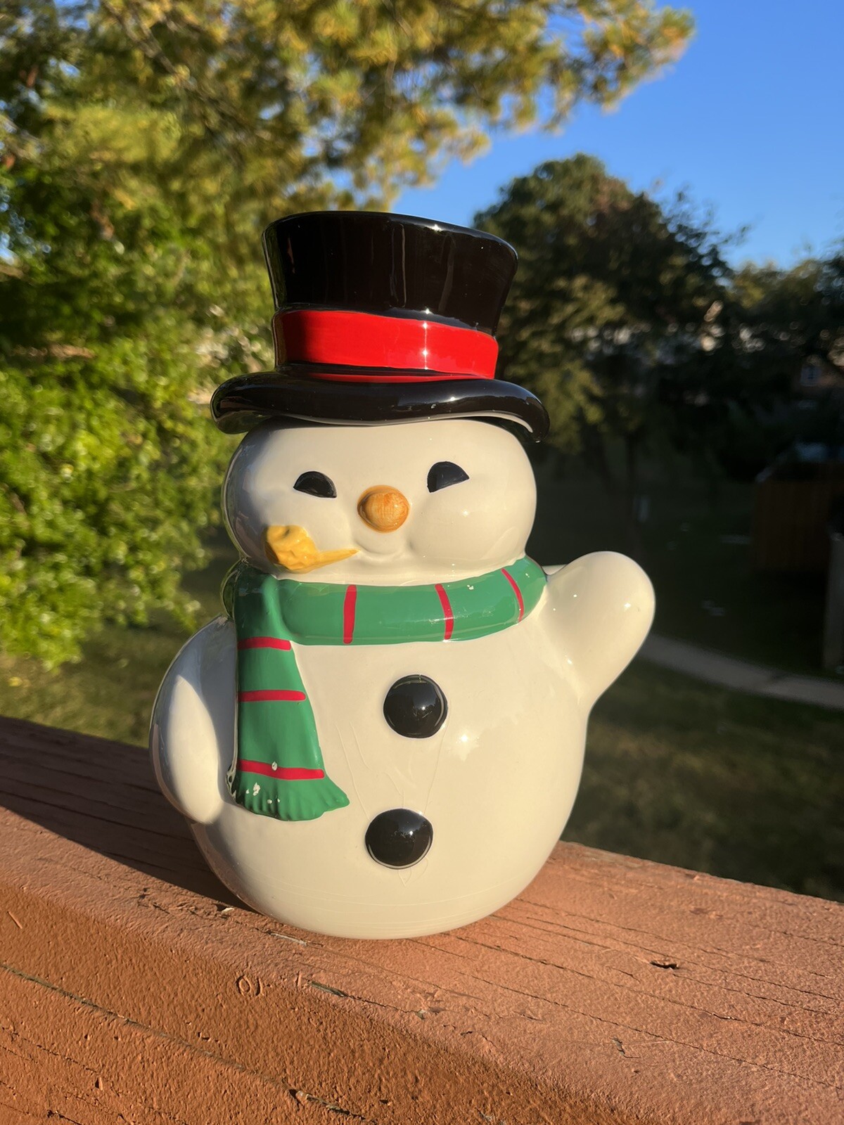 Telaflora Snowman Cookie Jar w/ Pipe & Green Scarf Christmas Xmas Black Top Hat