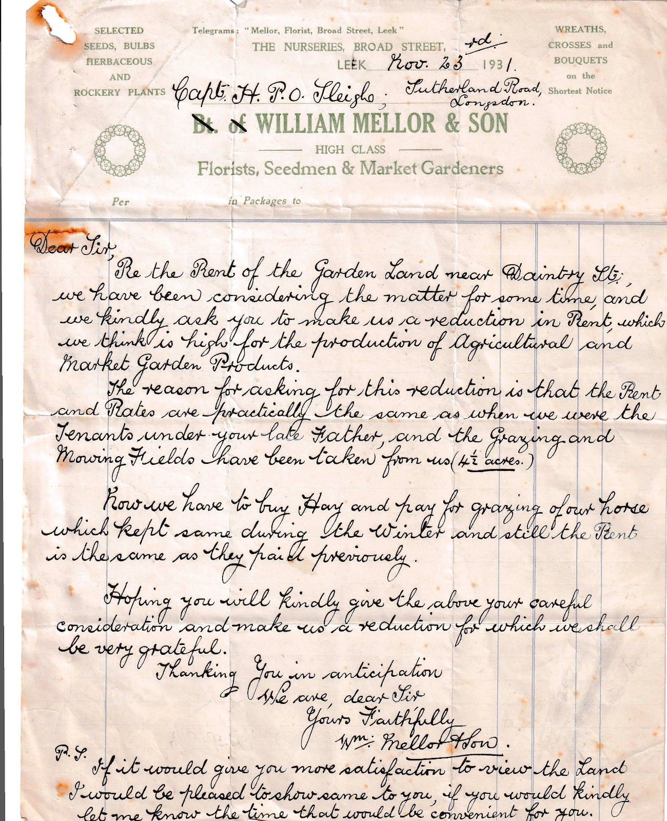 1931 Letter Capt HPO Sleigh Border Regiment WWI POW British Army Leek