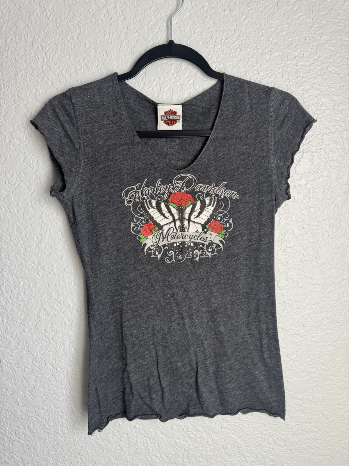 Harley-Davidson Motorcycles Gray Butterfly Rose Graphic T-Shirt Size S