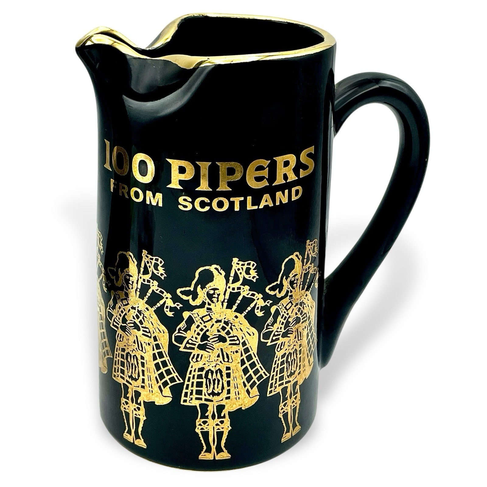 Vintage SEAGRAMS WHISKY Pitcher 100 Pipers From Scotland Black Ceramic Gold EUC