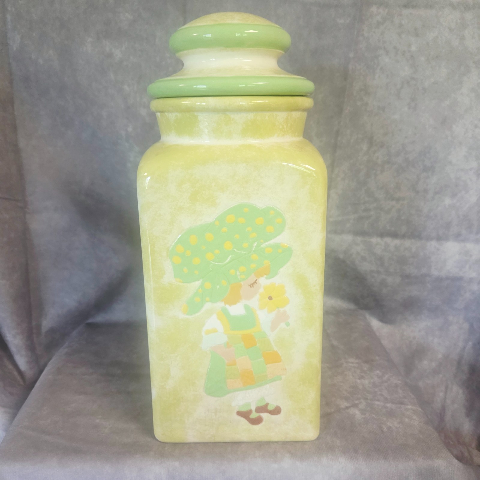 Vintage Ceramic Canister Girl Flower Green Yellow 13\