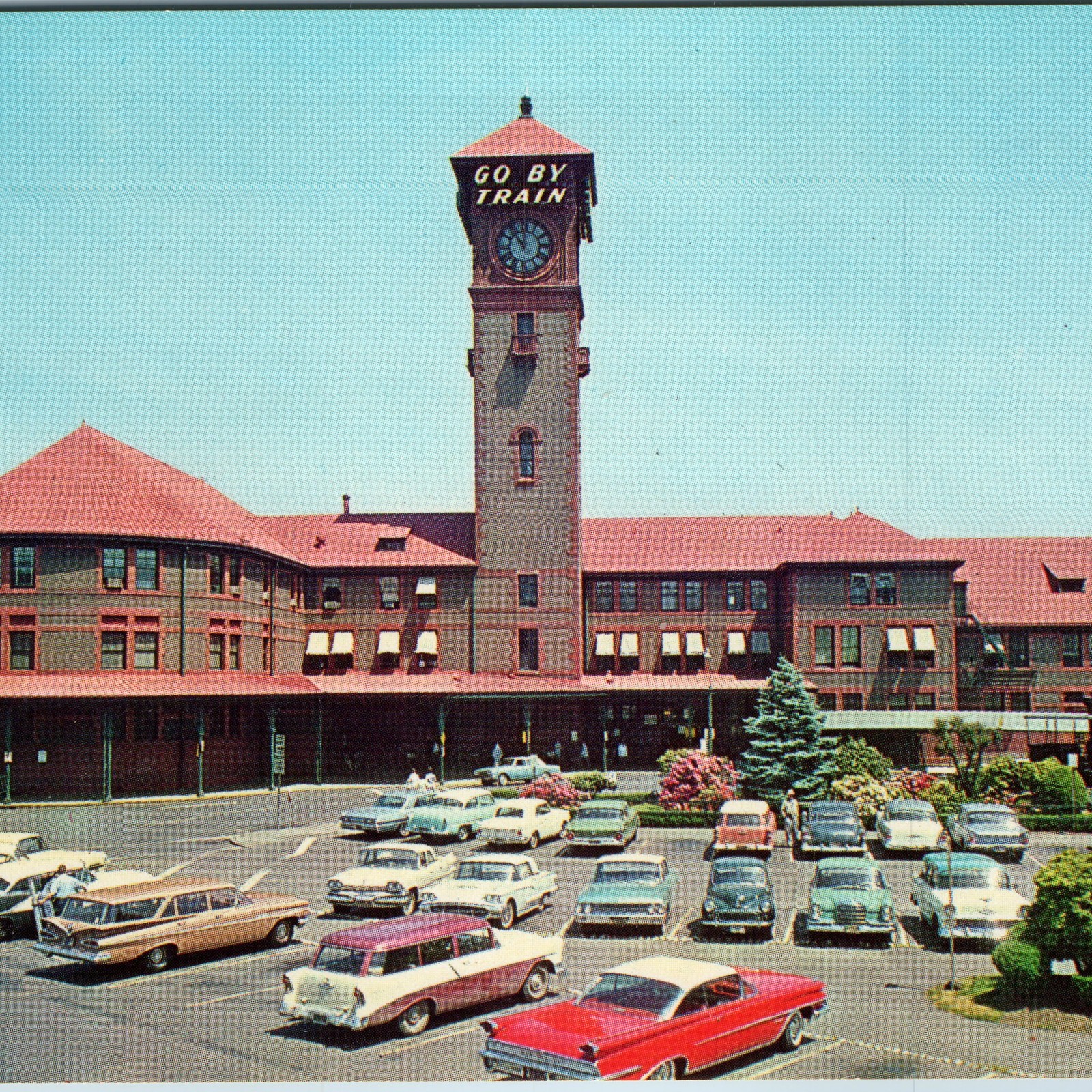 c1960s Portland OR Union Station Clock Tower GO BY TRAIN Chrome Classic Cars