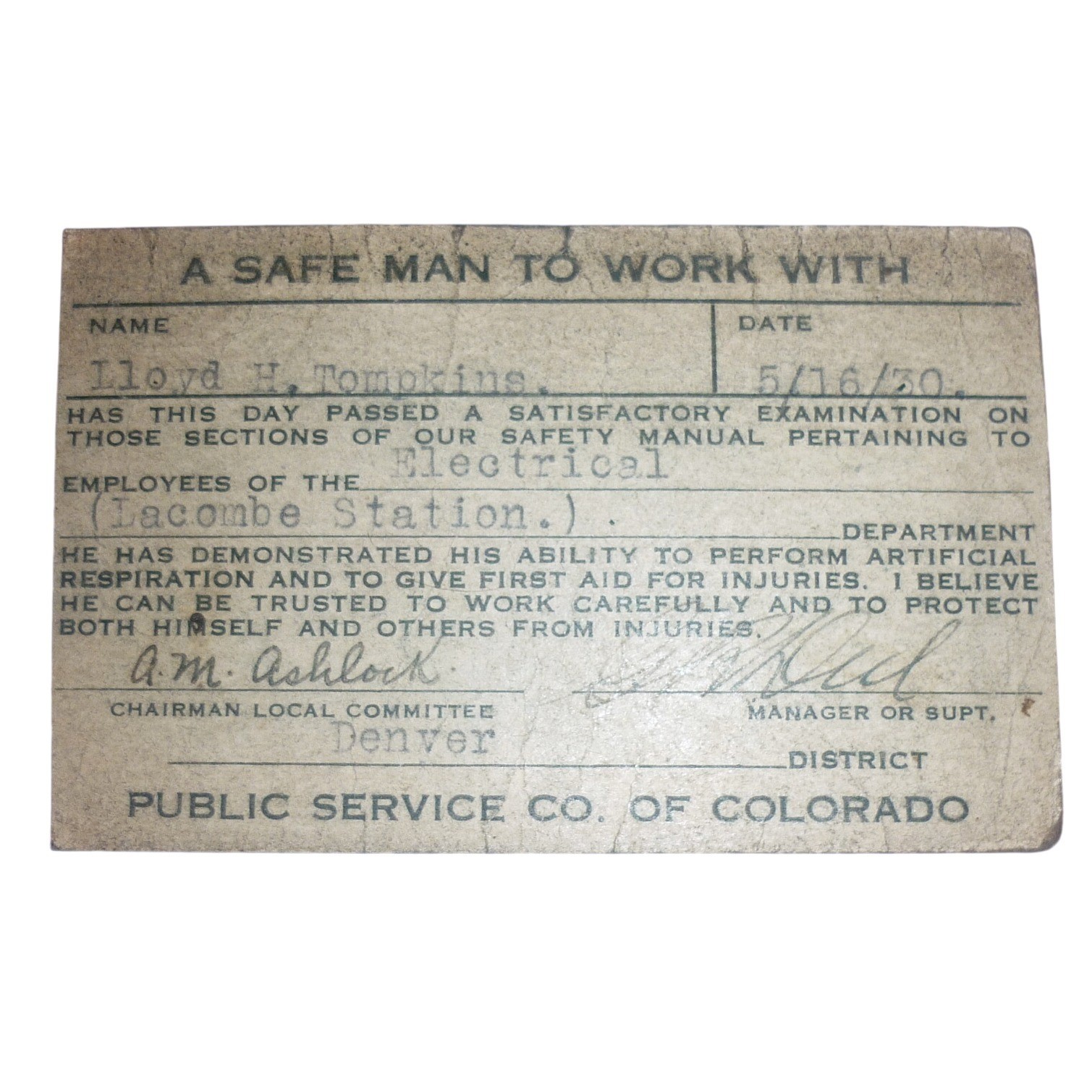 Vintage 1930 Denver Colorado Public Service Co. Electrical Safety Card Ephemera
