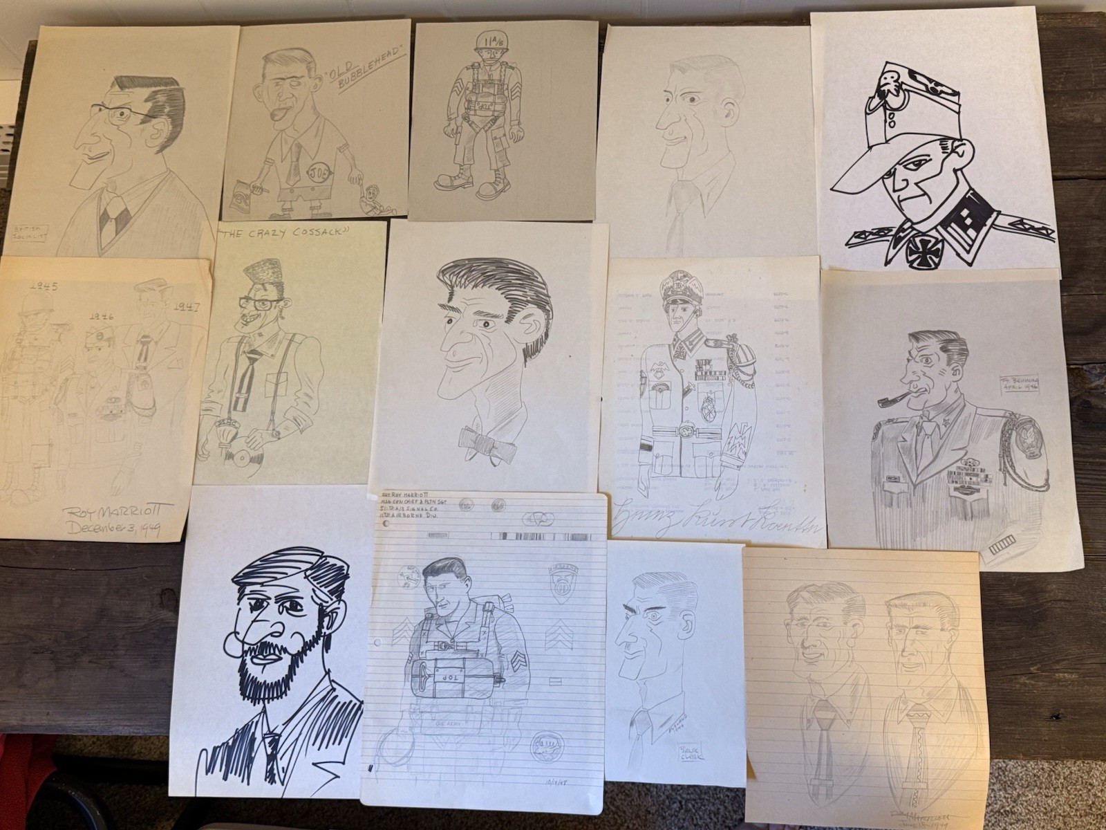WWII 11th Airborne Roy Marriott Original Drawing Archive 12pcs 1945-49