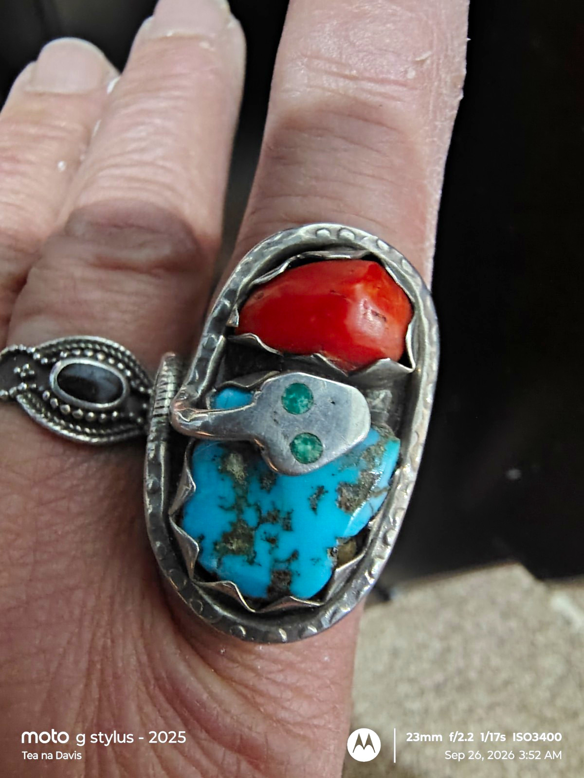 EFFIE C., ZUNI NATIVE AMERICAN STERLING SILVER TURQUOISE & CORAL RING