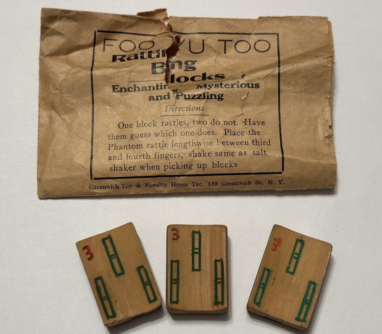 “FOO YU TOO” Rattling Blocks RARE Magic Trick w/ Orig Envelope Greenwich Toy