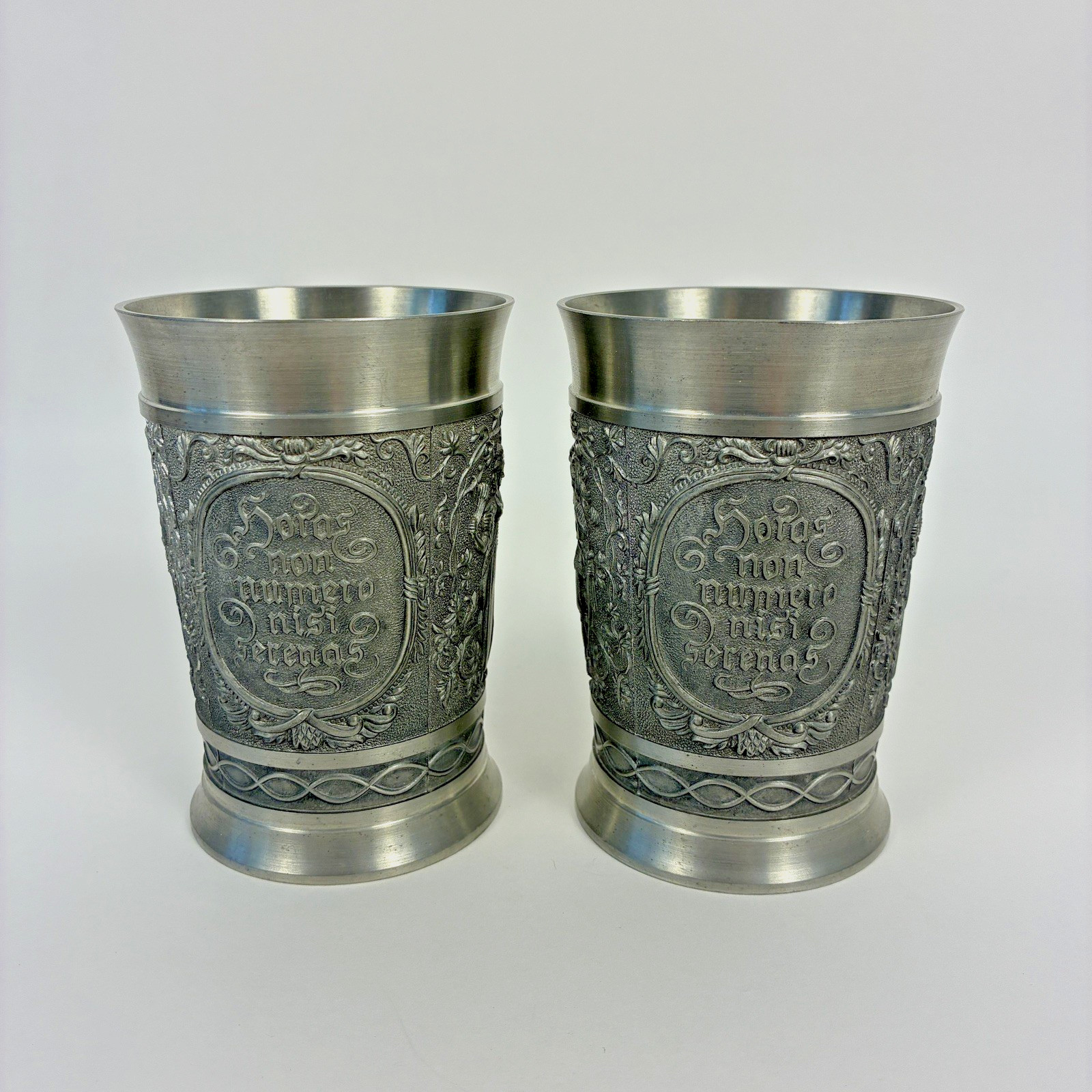 Vintage BMF Rein Zinn Pewter Cups Pair Latin Motto Horas Non Numero 5.5\ Vintage BMF Rein Zinn Pewter Cups Pair Latin Motto Horas Non Numero 5.5\