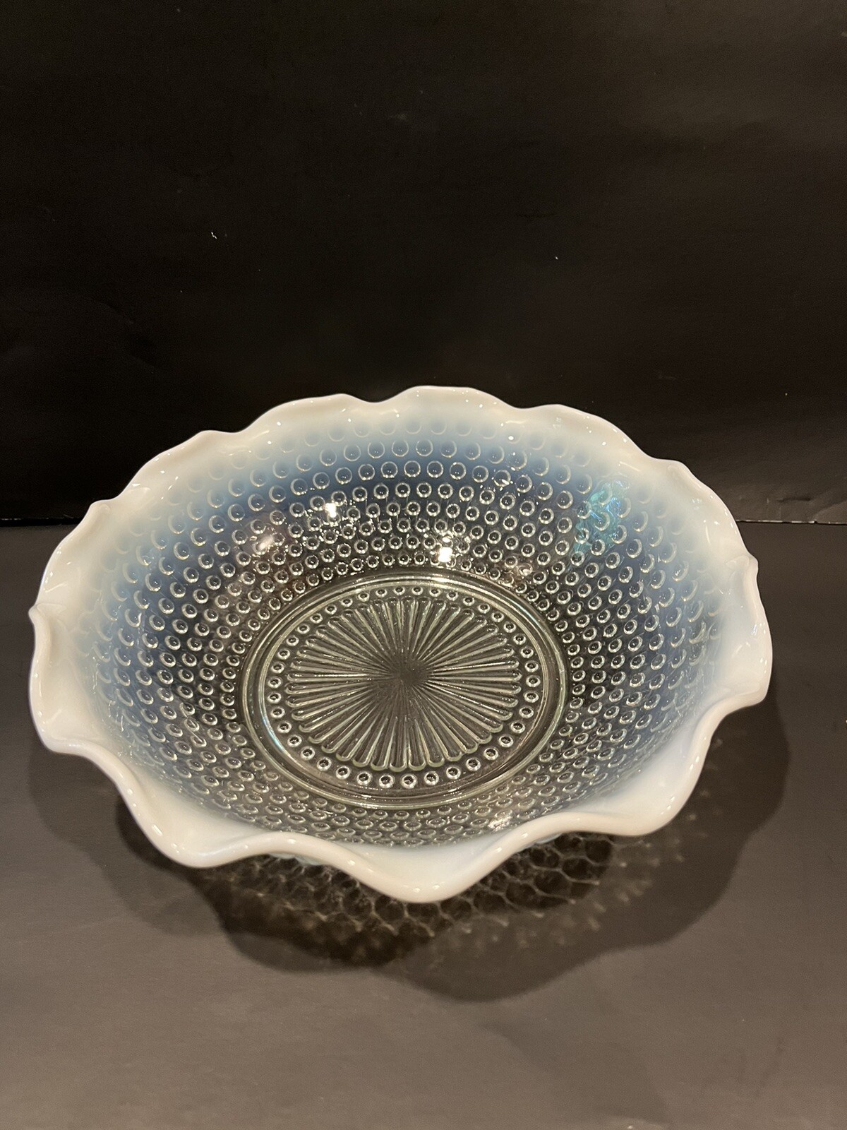 Vintage 1940's Anchor Hocking Glass Opalescent Ruffled Edge Hobnail Serving Bowl