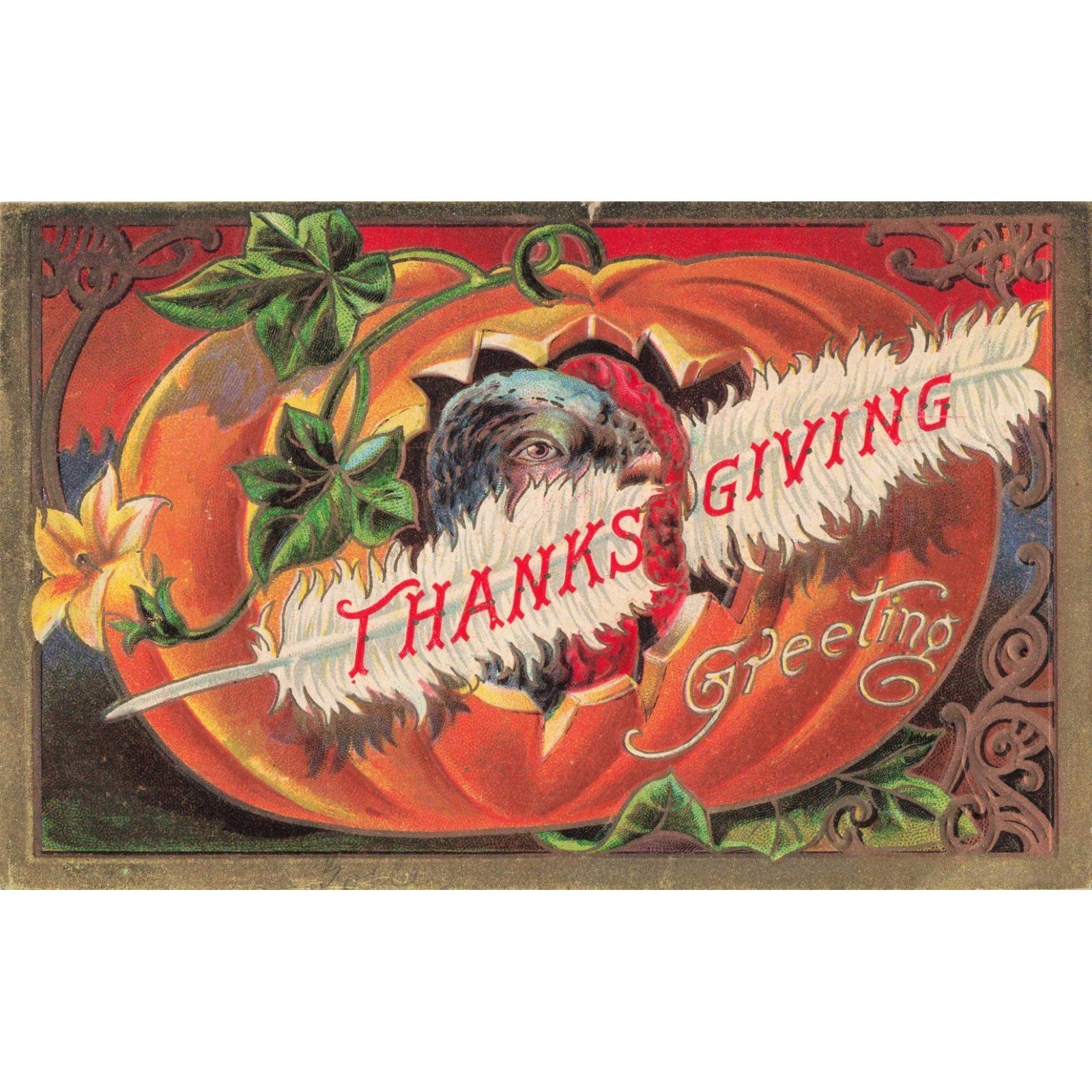 Vintage 1909 Thanksgiving Greeting Postcard Turkey Pumpkin Embossed Series No 3