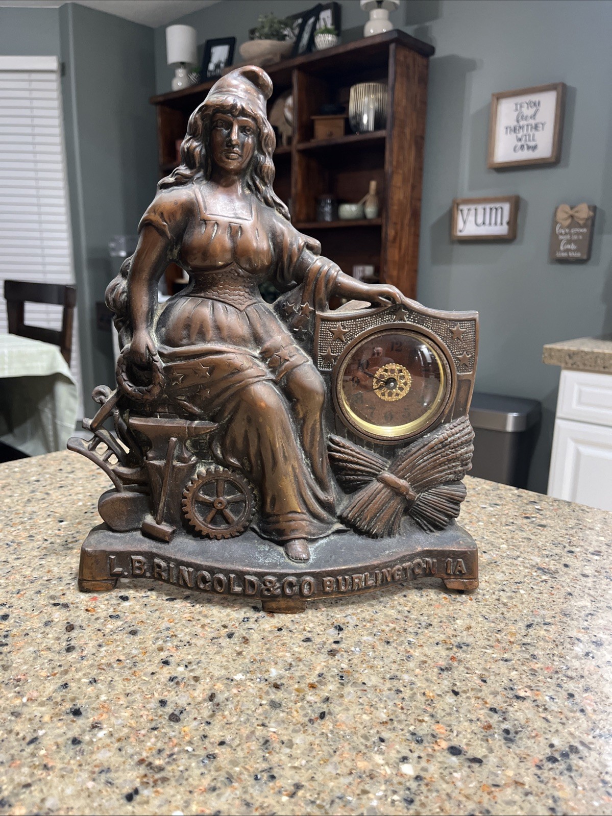 Antique Figural Mantel Clock L.B. Ringold & Co. Burlington, IA FUNCTIONING CLOCK Antique Figural Mantel Clock L.B. Ringold & Co. Burlington, IA FUNCTIONING CLOCK