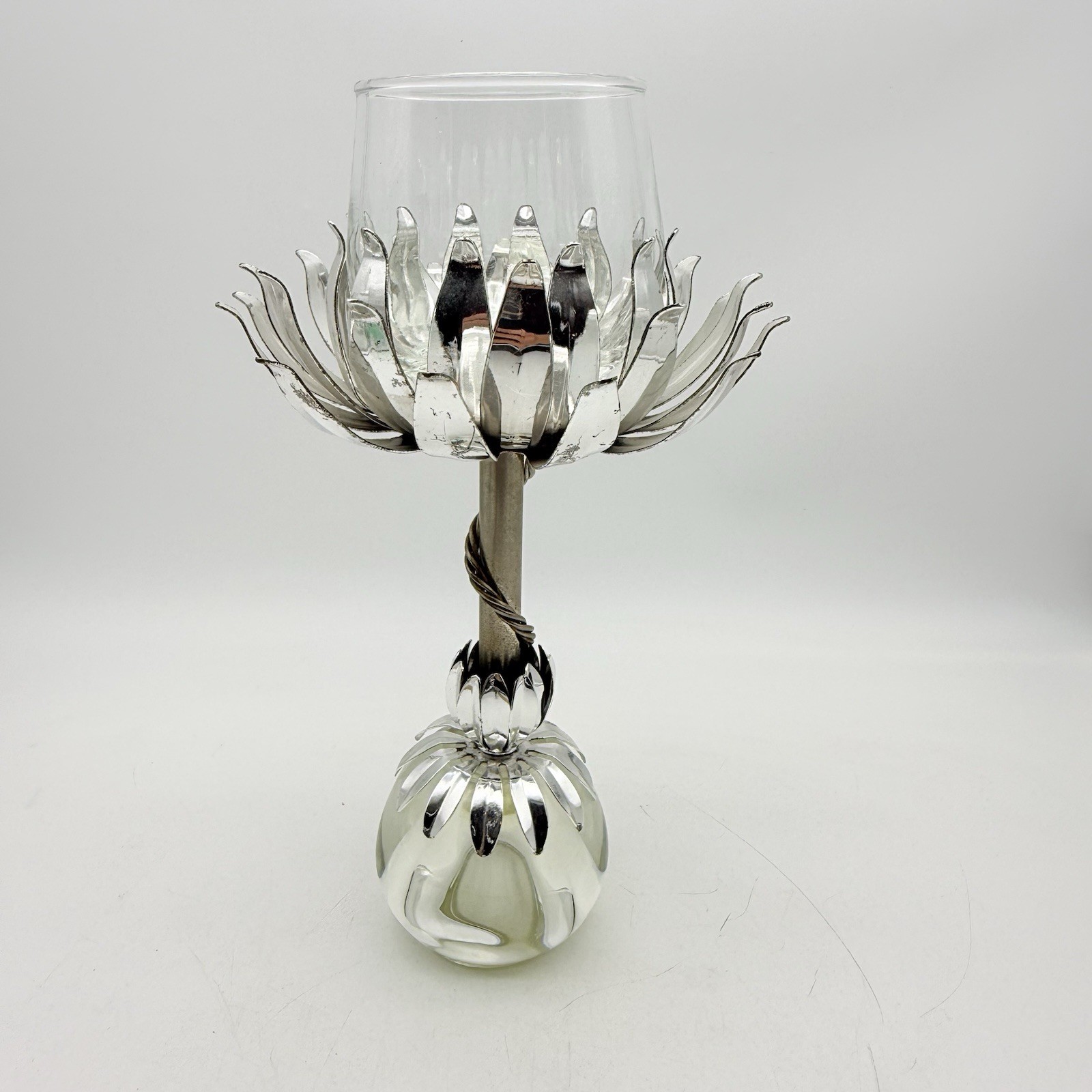 Art Nouveau Vintage Figural Bulbous Glass Ball Layered Lotus Flower Silver