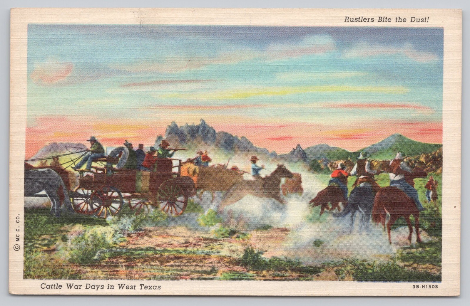 West Texas Cattle War Days Frontier Gunfight Scene Historic Linen Postcard