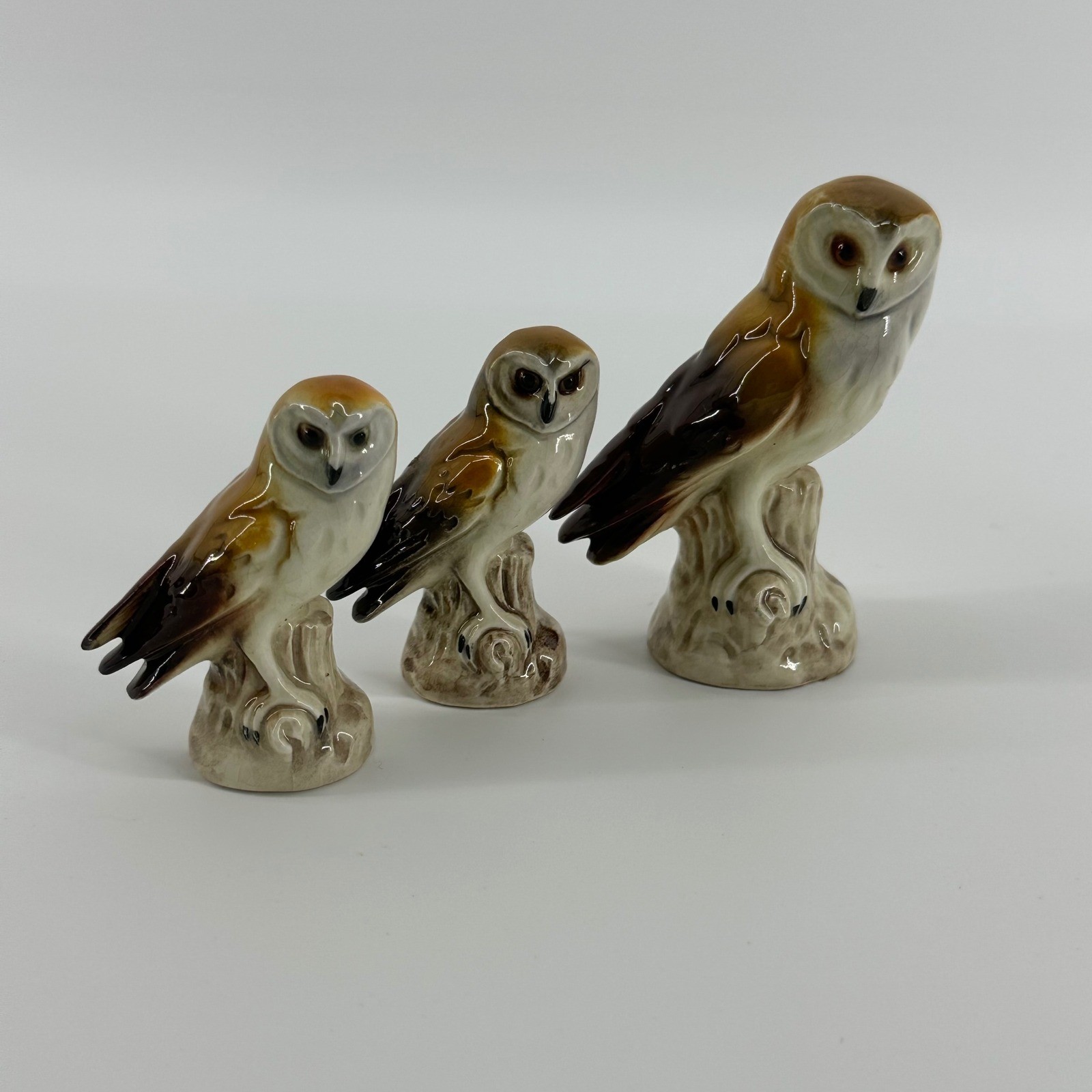 Vintage Goebel Barn Owl Figurine Set Brown Excellent West Germany Porcelain 3 Pc