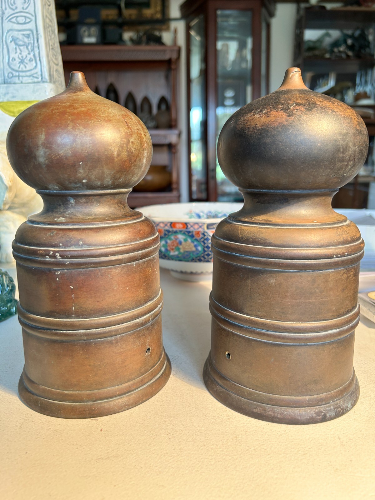 Antique Bronze Giboshi (Onion-shaped Finial) Set of 2 For Shrines and Temples