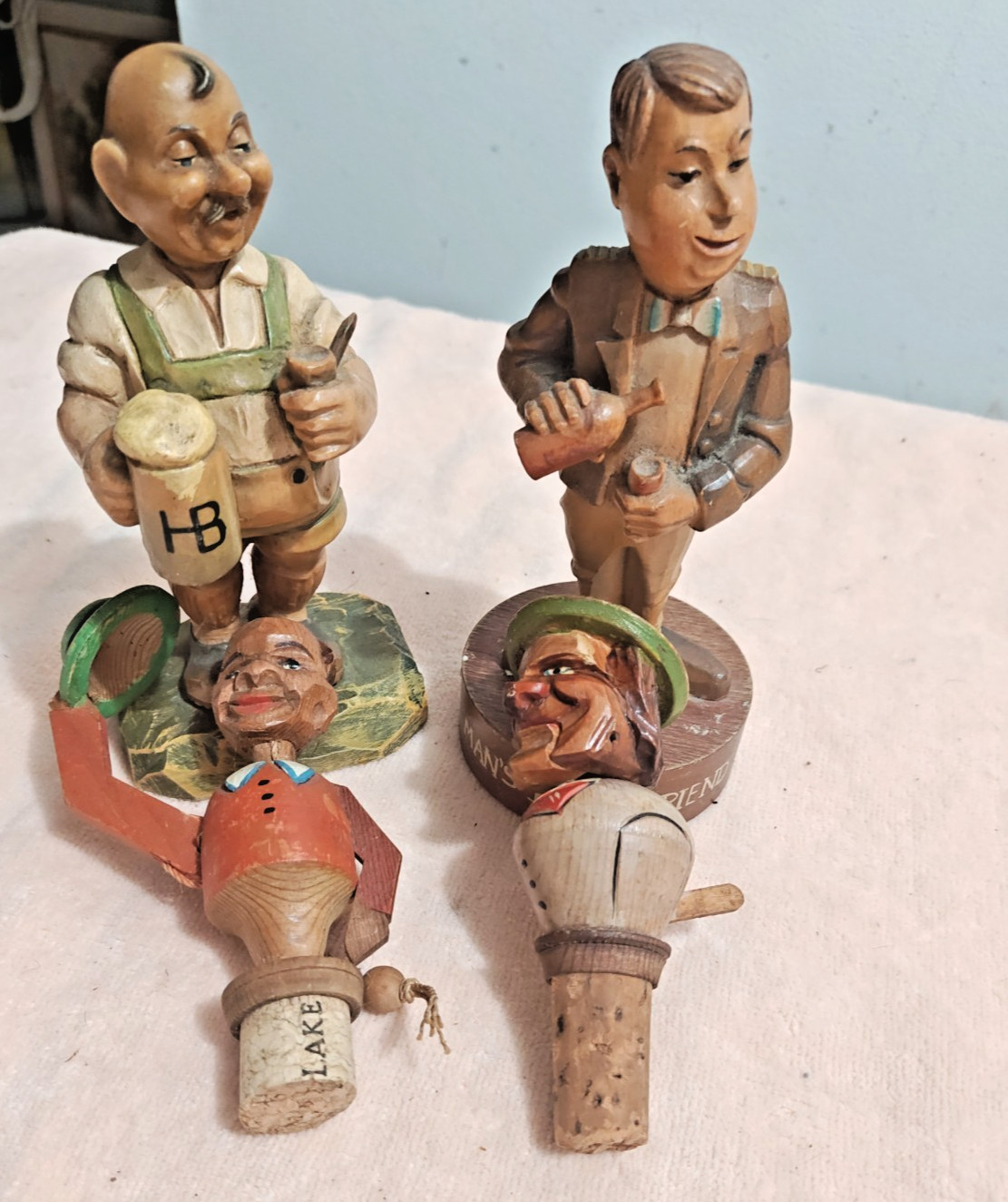ANRI Vintage Wood Figurines  and Bottle Stoppers 4 in all