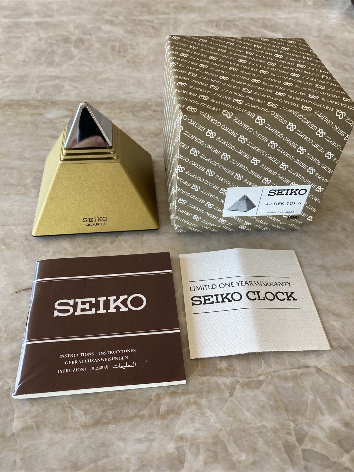 Vintage 1980’s  SEIKO Gold Pyramid Talking Alarm Clock W/Box & Paperwork Quartz