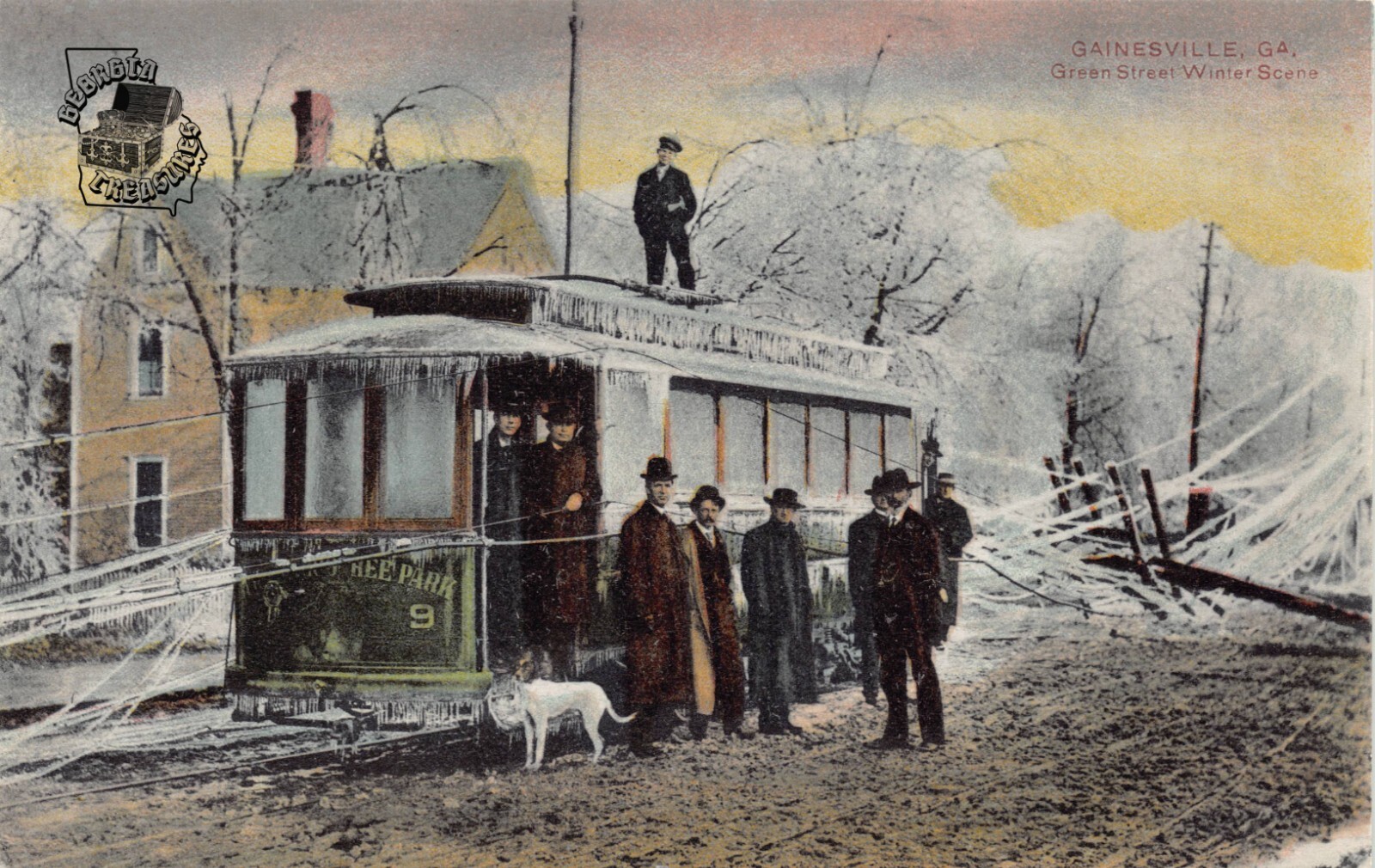 GA~GEORGIA~GAINESVILLE~GREEN STREET WINTER SCENE~STRANDED CABLE CAR~C.1910