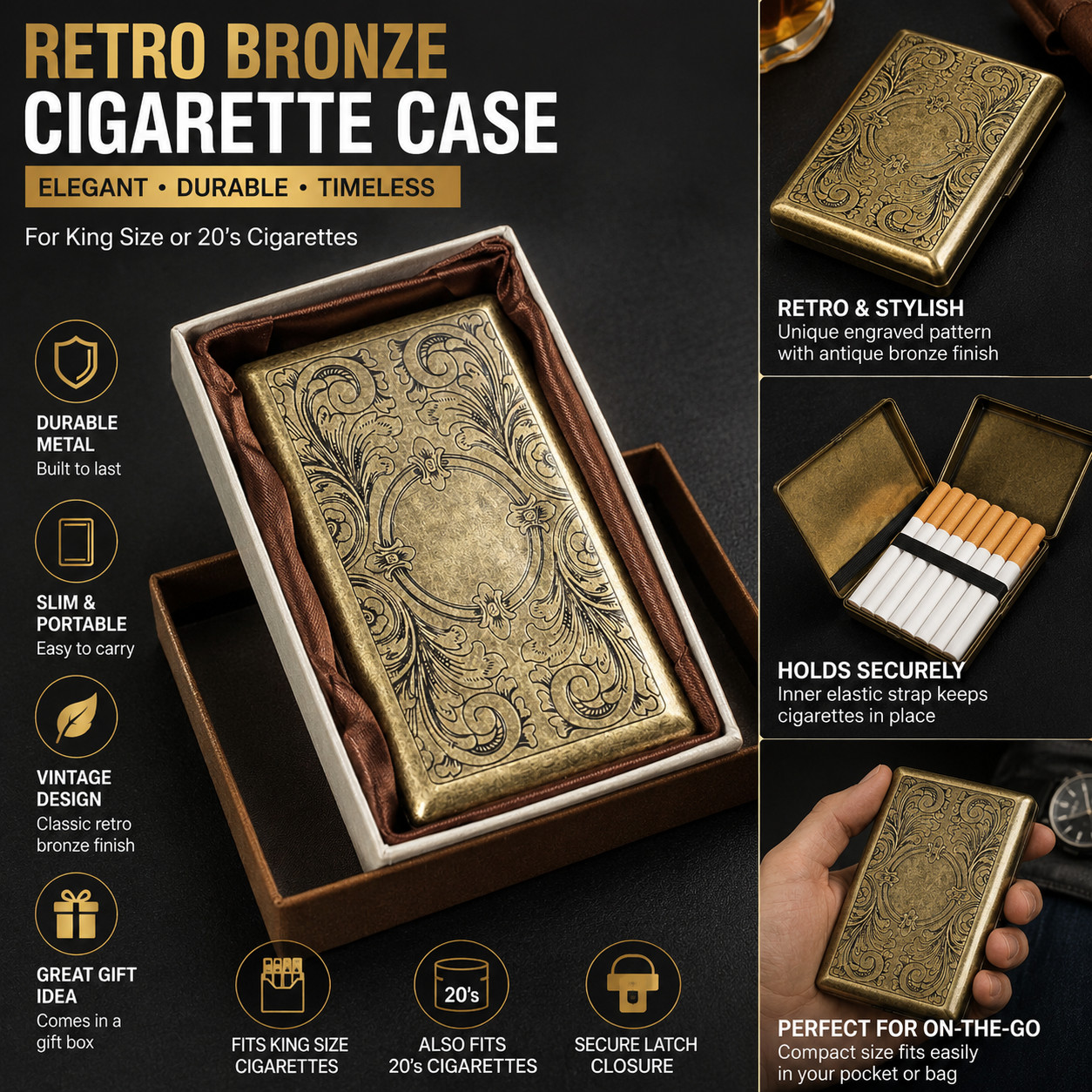 Retro Bronze Metal Cigarette Case Holder Box For King Size or 20's Cigarettes US