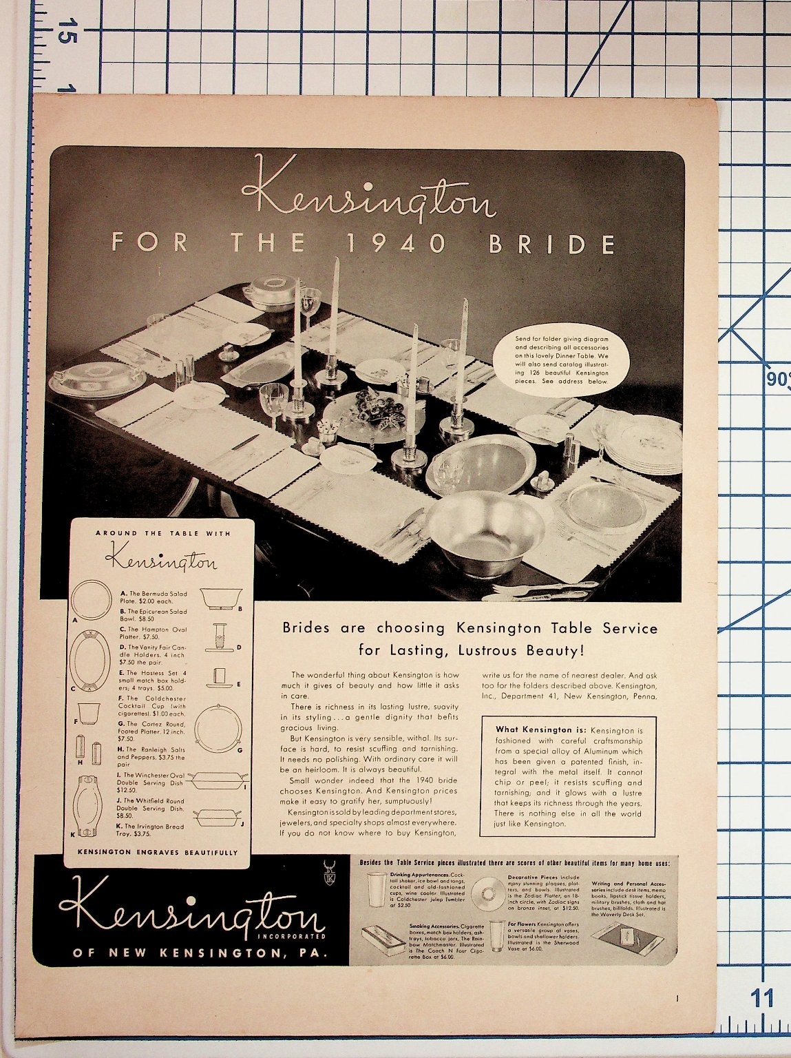 Vintage 1940 Kensington Aluminum Tableware Ad Magazine Bride Pennsylvania Vintage 1940 Kensington Aluminum Tableware Ad Magazine Bride Pennsylvania