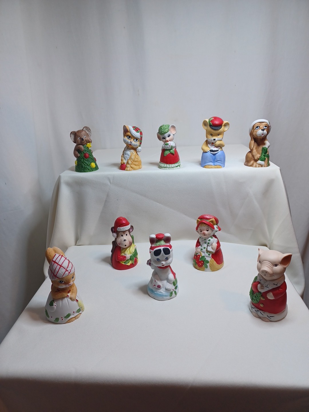 VTG Critter Bells Jasco Bisque Porcelain Christmas Animals Set Of 10 W/tags 1980