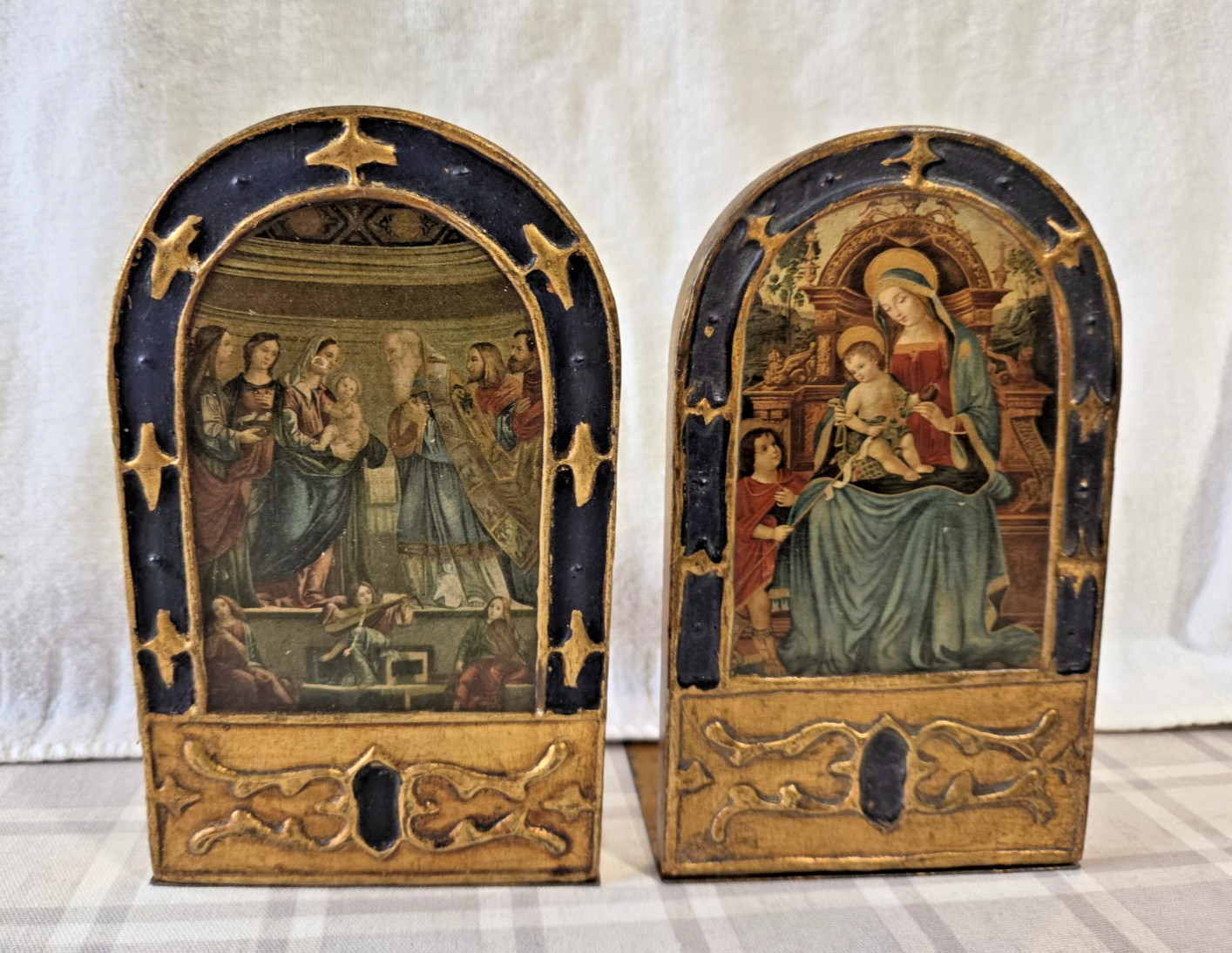 Vintage Italian Florentine Style Gold Gilt Wood Bookends Madonna Child Religious