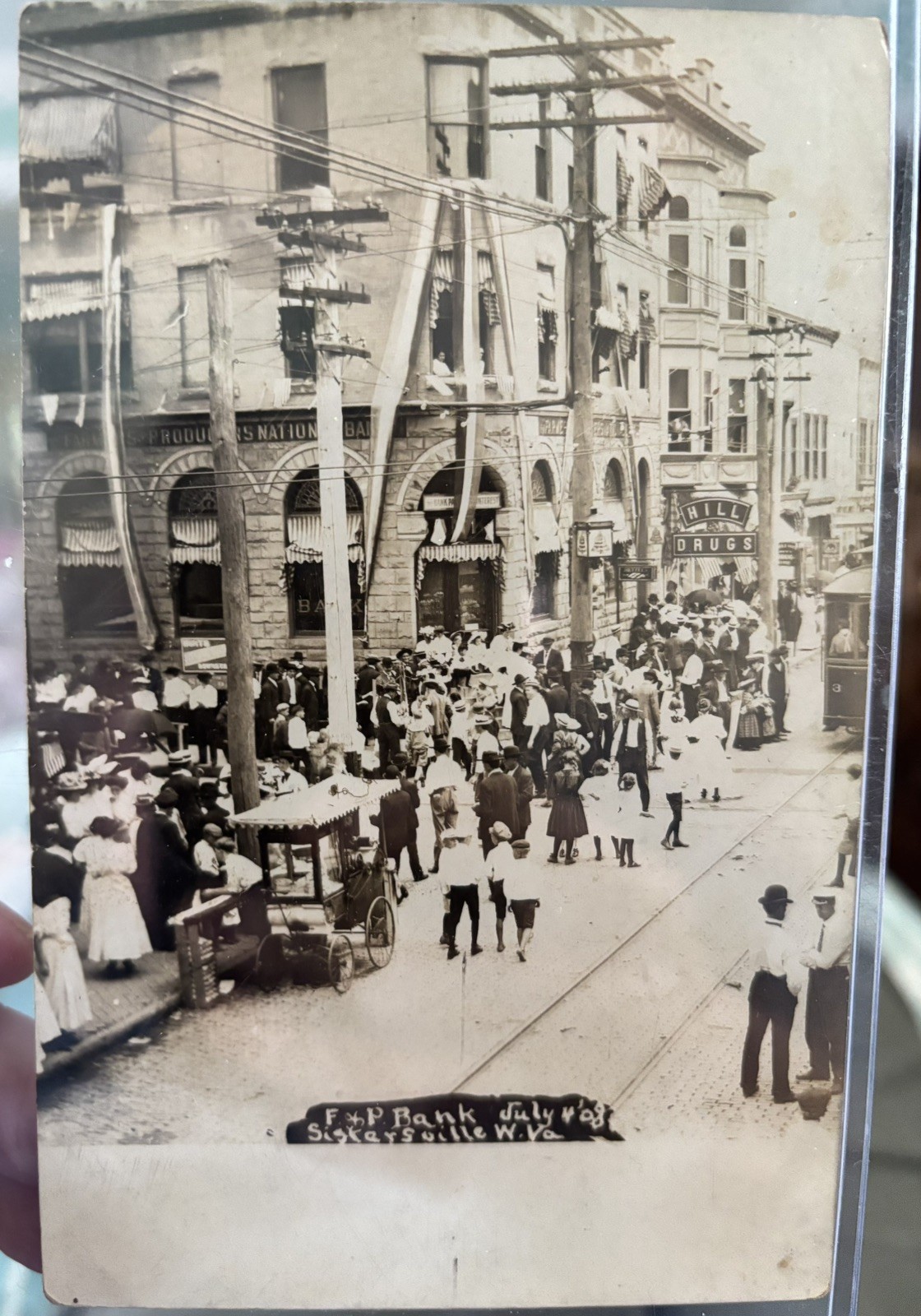 1908 RPPC 4 of July St Scene F & P Bank Hill Drug Peanut Cart Trolley Missent 1908 RPPC 4 of July St Scene F & P Bank Hill Drug Peanut Cart Trolley Missent