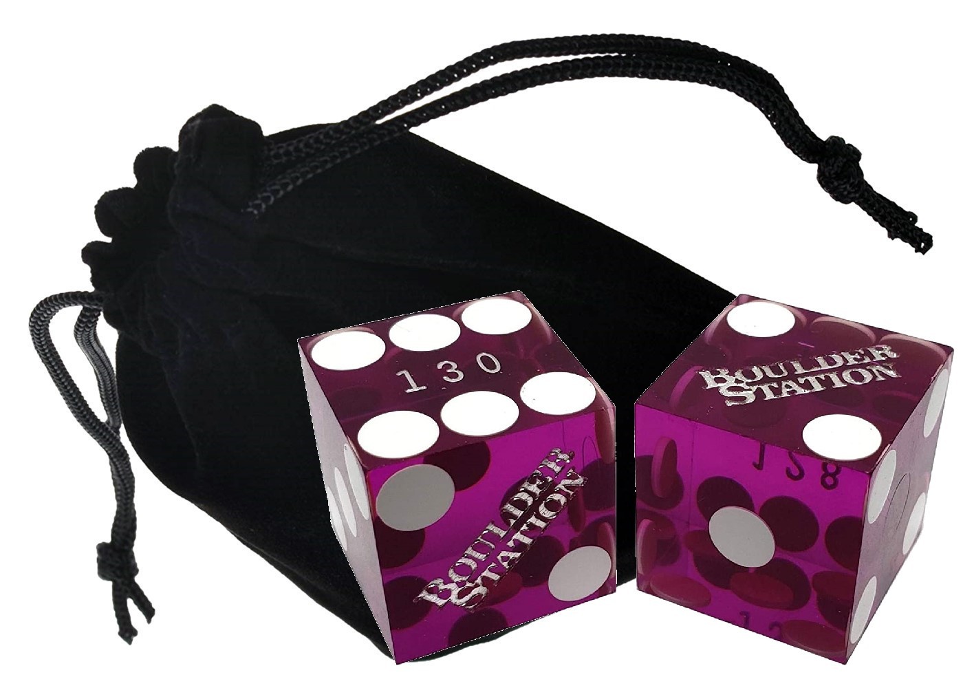 Authentic Boulder Station Vegas Casino Dice Purple Polished Matching #s + Pouch
