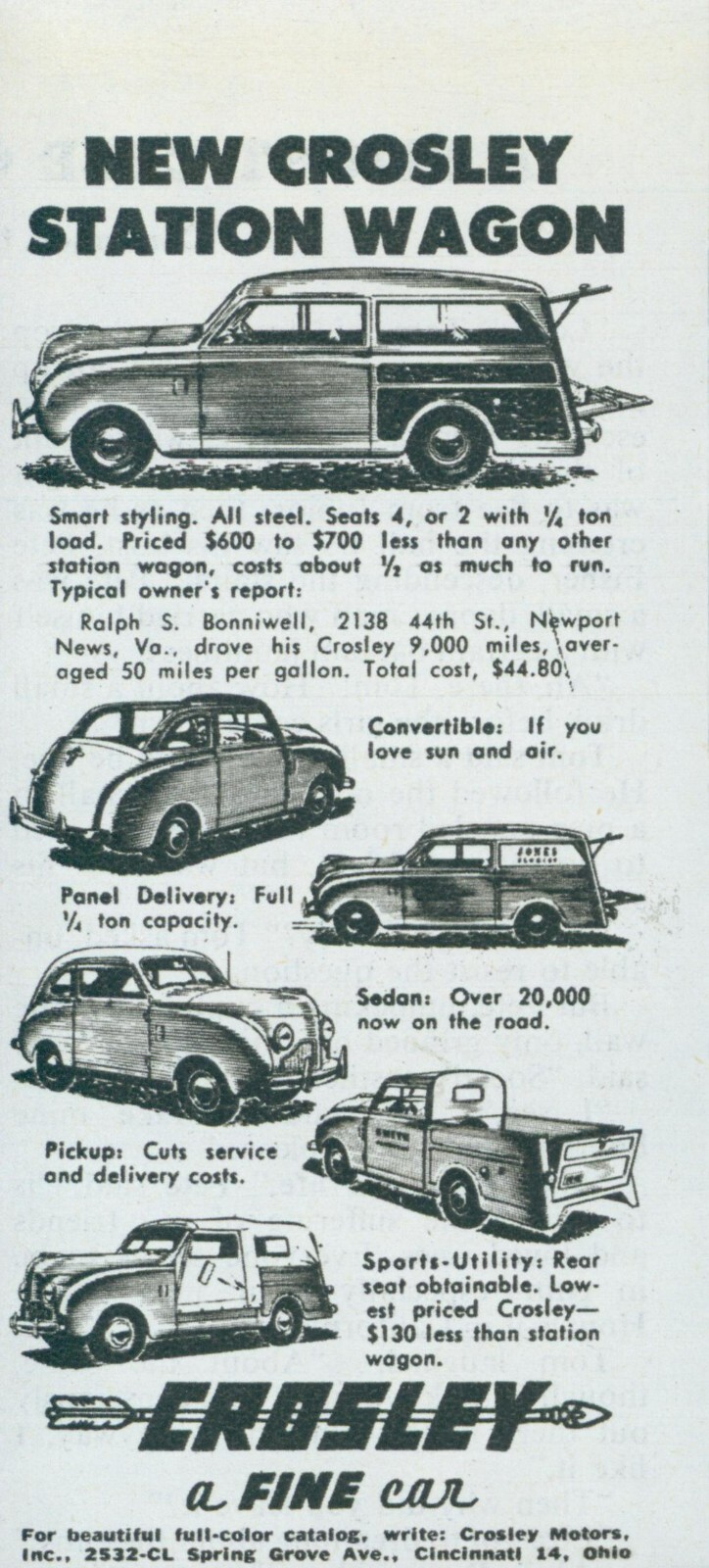 1948 Crosley Station Wagon Woody Convertible Pickup Sedan Vintage Print Ad C4