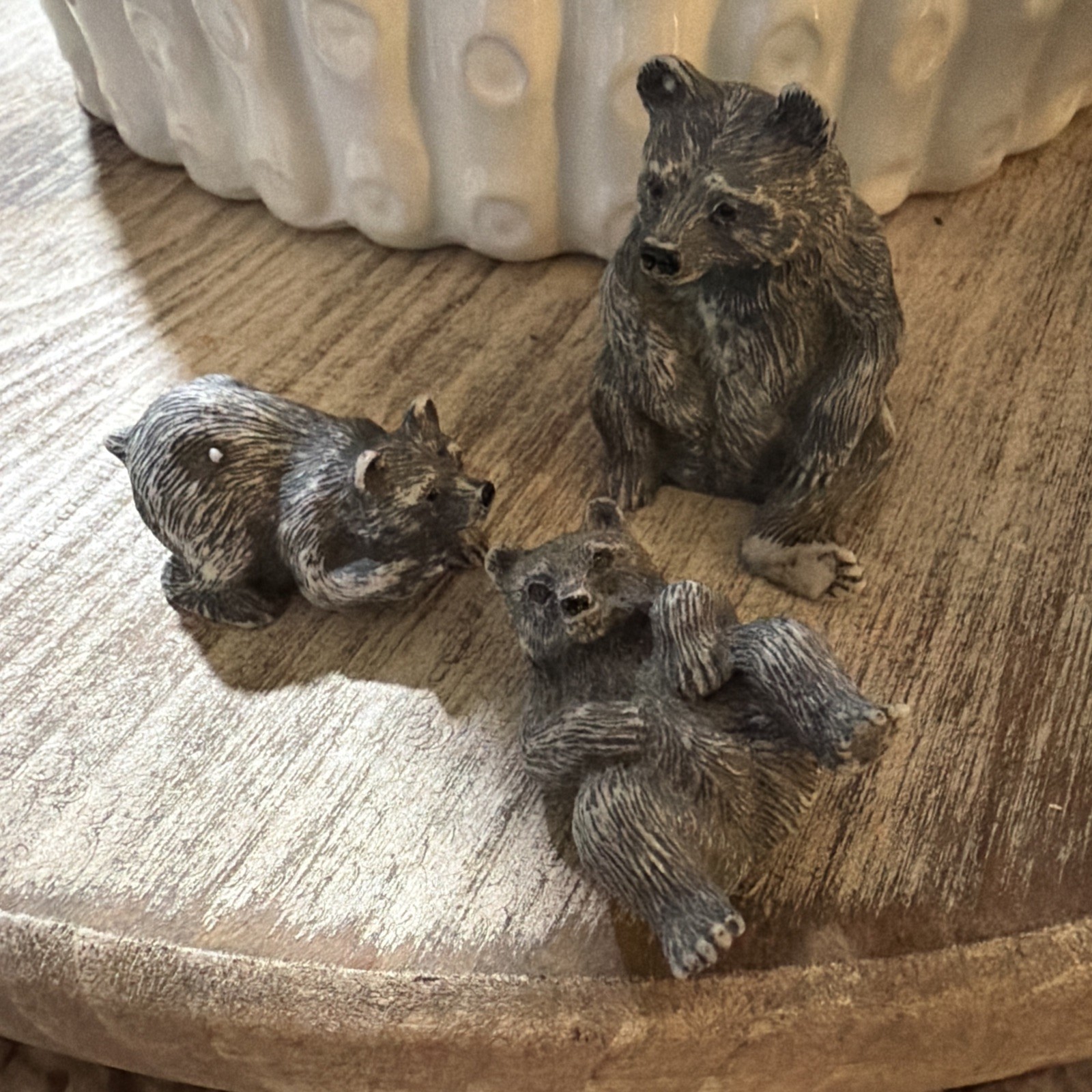VTG 3 Bears Figurine Sculpture Ceramic Gray Playful Critter 1.75” Decor Farm