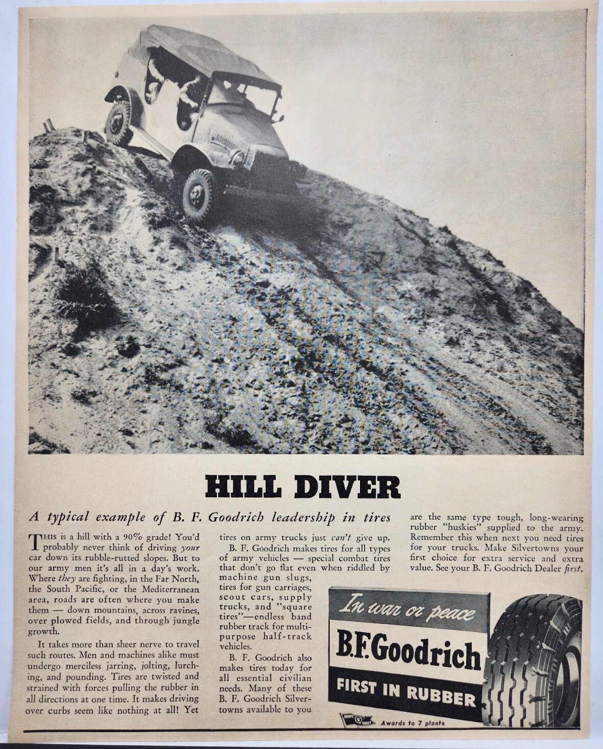 1943 BF Goodrich Tires In War Hill Diver WWII Era Original Print Ad Life Mag 40s
