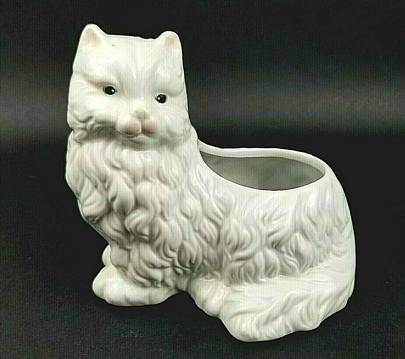 Vintage White Cat Planter Ceramic Pink Nose Kitten Hand Painted