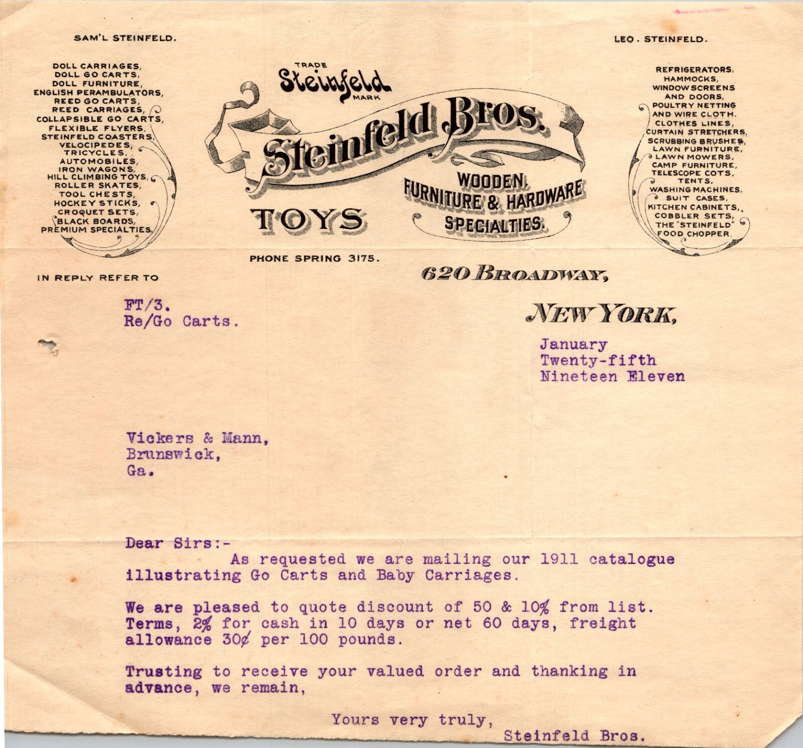 Steinfeld Bros New York NY 1911 Letterhead Toys Wooden Furniture