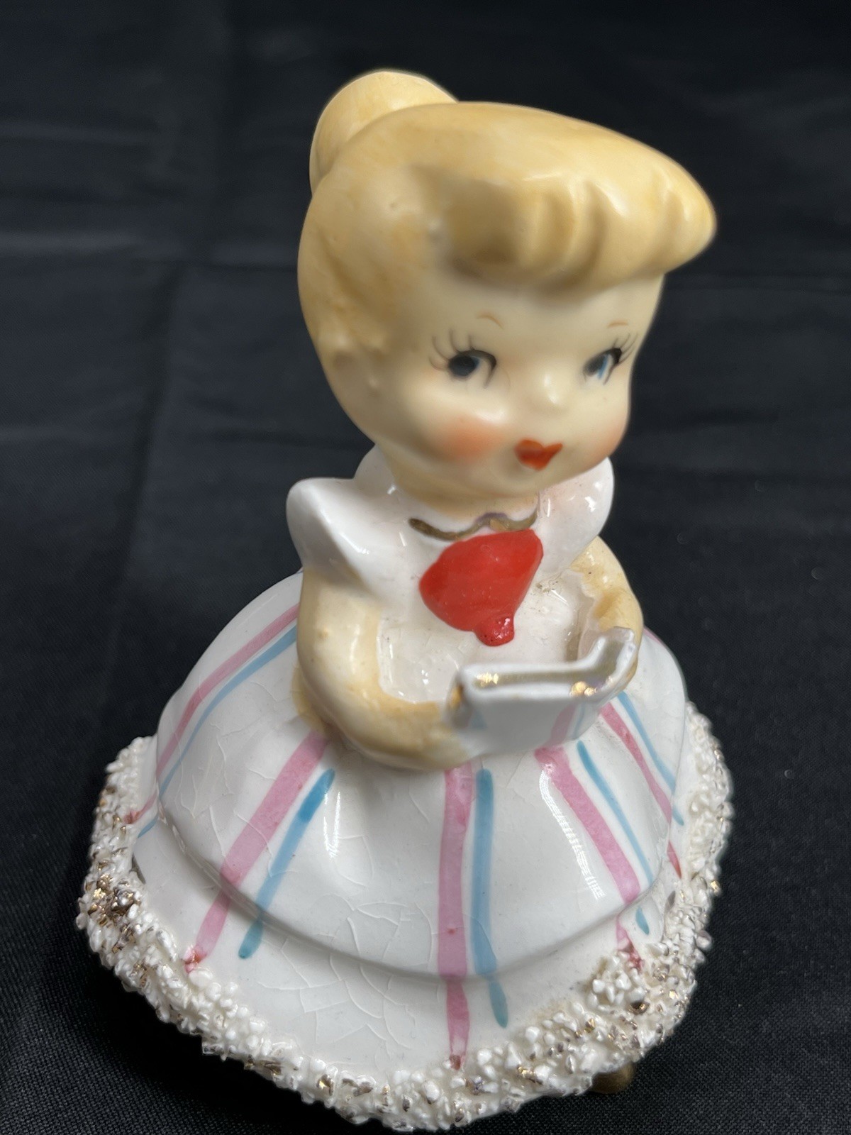 Vintage CONSCO Marilyn Exclusive  Girl Bell Figurine Spaghetti Trim Book Flowers