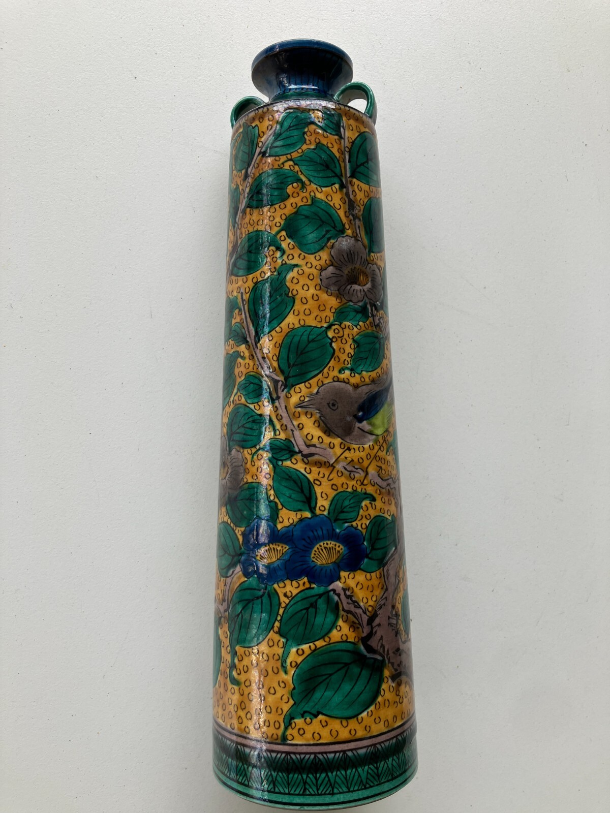 Vtg Japanese Kutani Midcentury Green Yellow Bird in a Floral Vine Pottery Vase