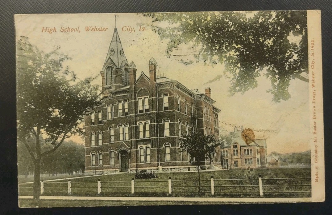 1907 Webster City Iowa High School Postcard Buster Brown Drugs 