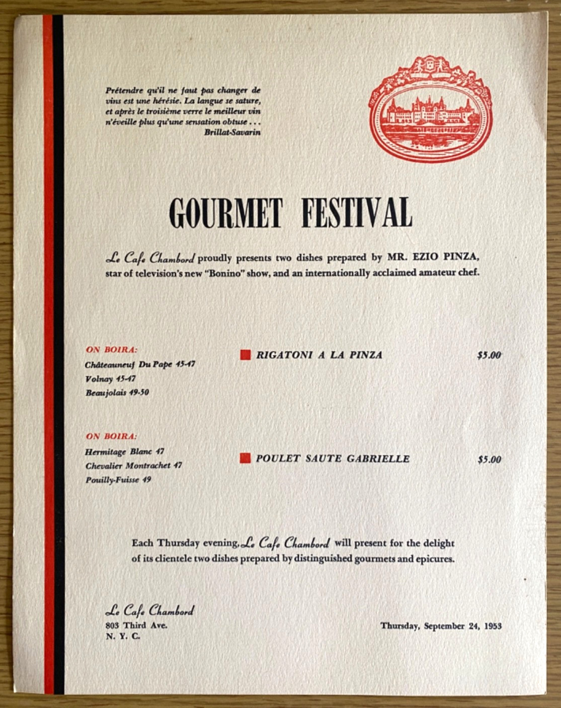 1953 LE CAFE CHAMBORD vintage restaurant dinner menu NEW YORK CITY - Ezio Pinza