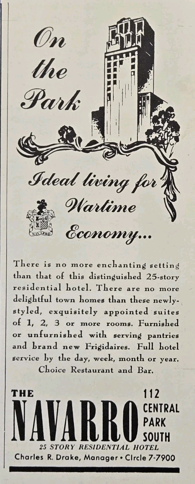 The Navarro Central Park South New York Ideal Living for Wartime Print Ad 1942