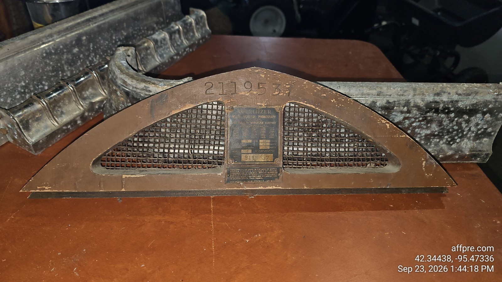 Vintage 1947 Wurlitzer 1080 Colonial Jukebox Rear Arch ID Badge Serial 2119537
