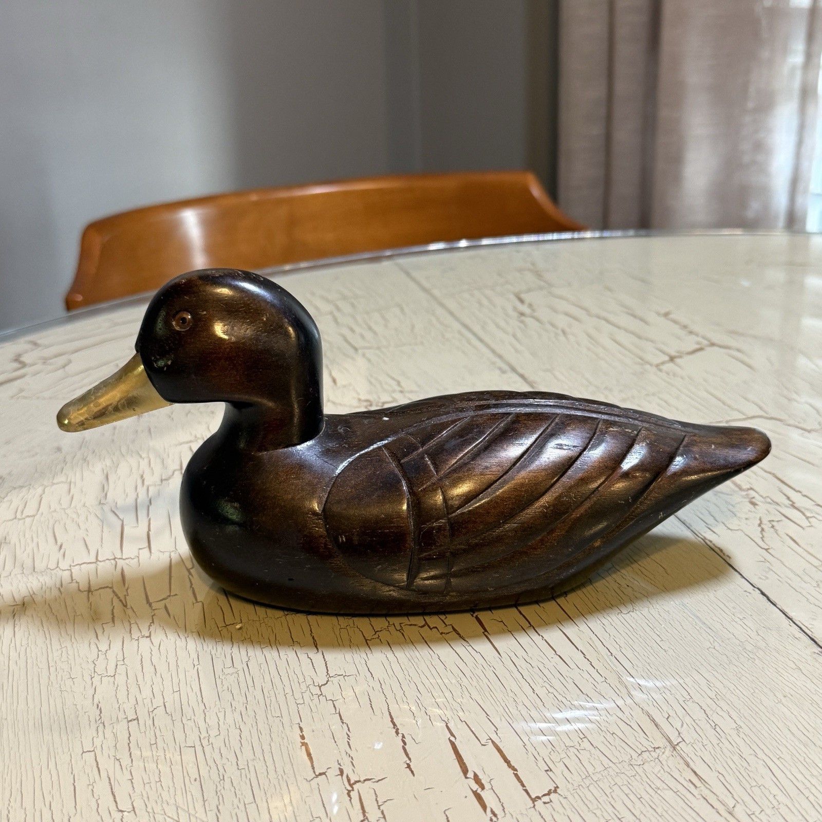 Vintage Handcrafted Wooden Duck Figurine Brass Bill Collectible Decor Art Decoy