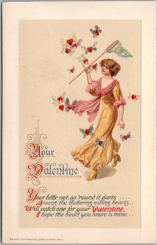 1914 VALENTINE\'S DAY Postcard Pretty Lady with Butterfly Net / Flying Hearts