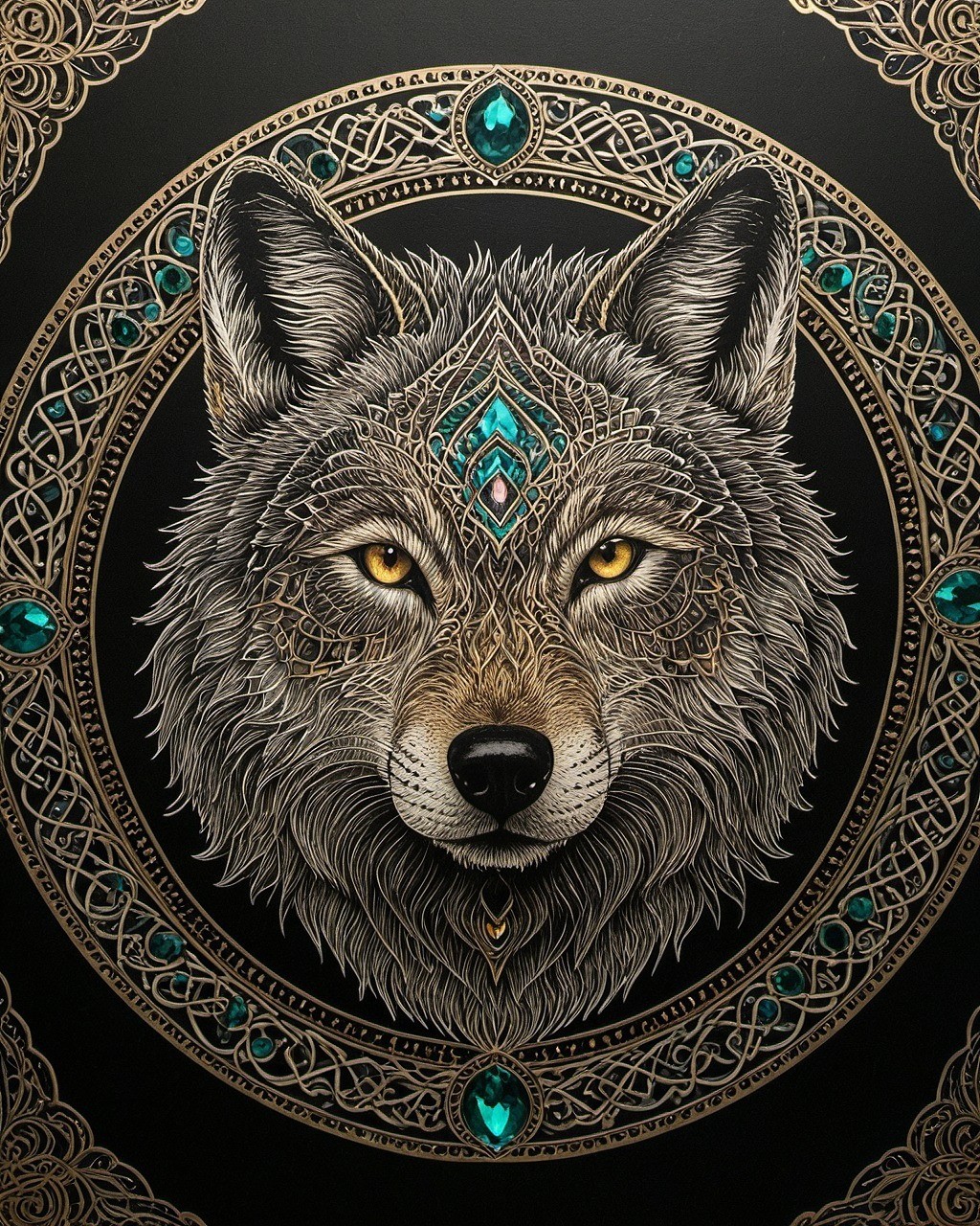 Majestic Wolf Celtic Mandala Gold Emerald Jewel Fantasy Art Print