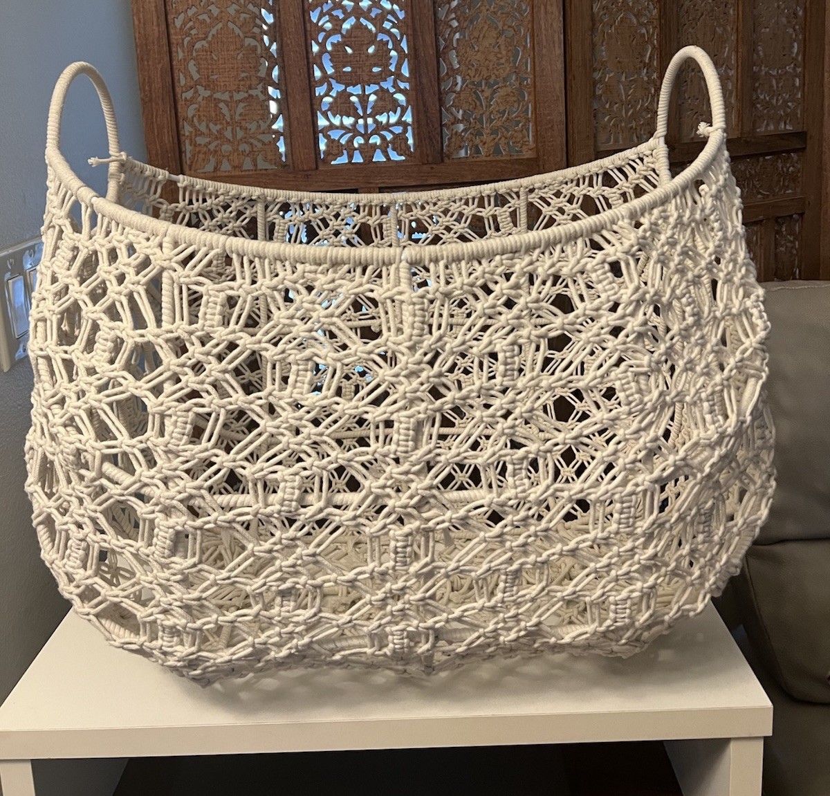 Large Woven Rigid Basket White Rope 26x21x16 Natural Attractive Big Storage