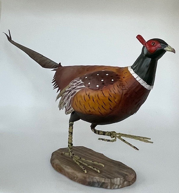 Handcrafted Metal Pheasant Figurine on wood base, H 10 in Handcrafted Metal Pheasant Figurine on wood base, H 10 in