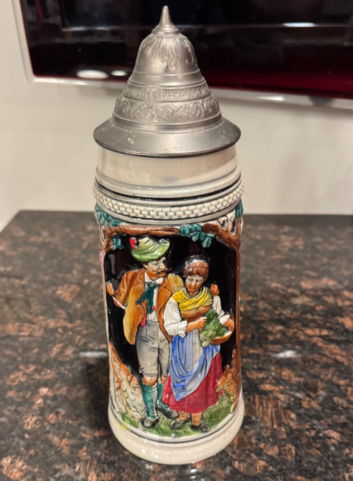 Vintage German Beer Stein, Thewalt #1202, 1L, pewter lid, Tyrolean Couple
