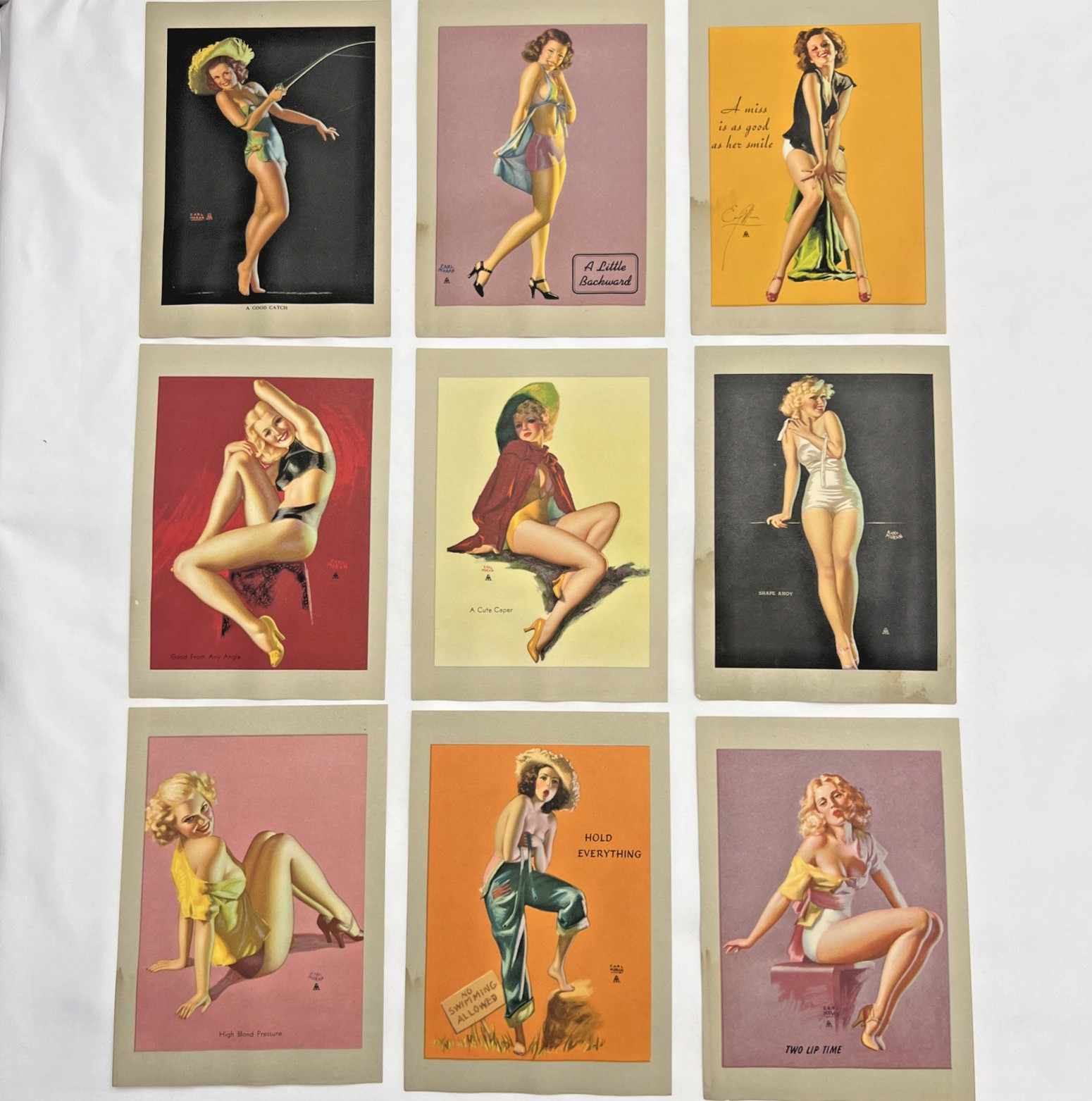 Vintage 1940s Earl Moran Pin Up Prints Lot of 9 Brown & Bigelow Art 5x7 Original