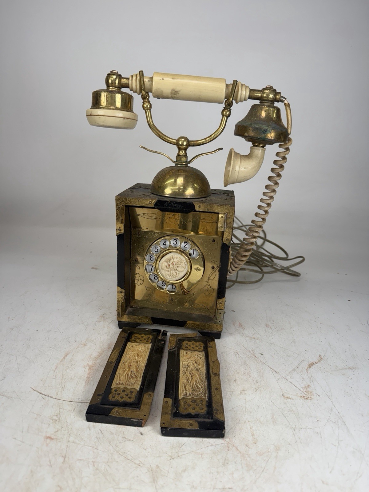 Oriental Chinese NEC Rotary Telephone Brass & Wood Needs Restoration Collectible