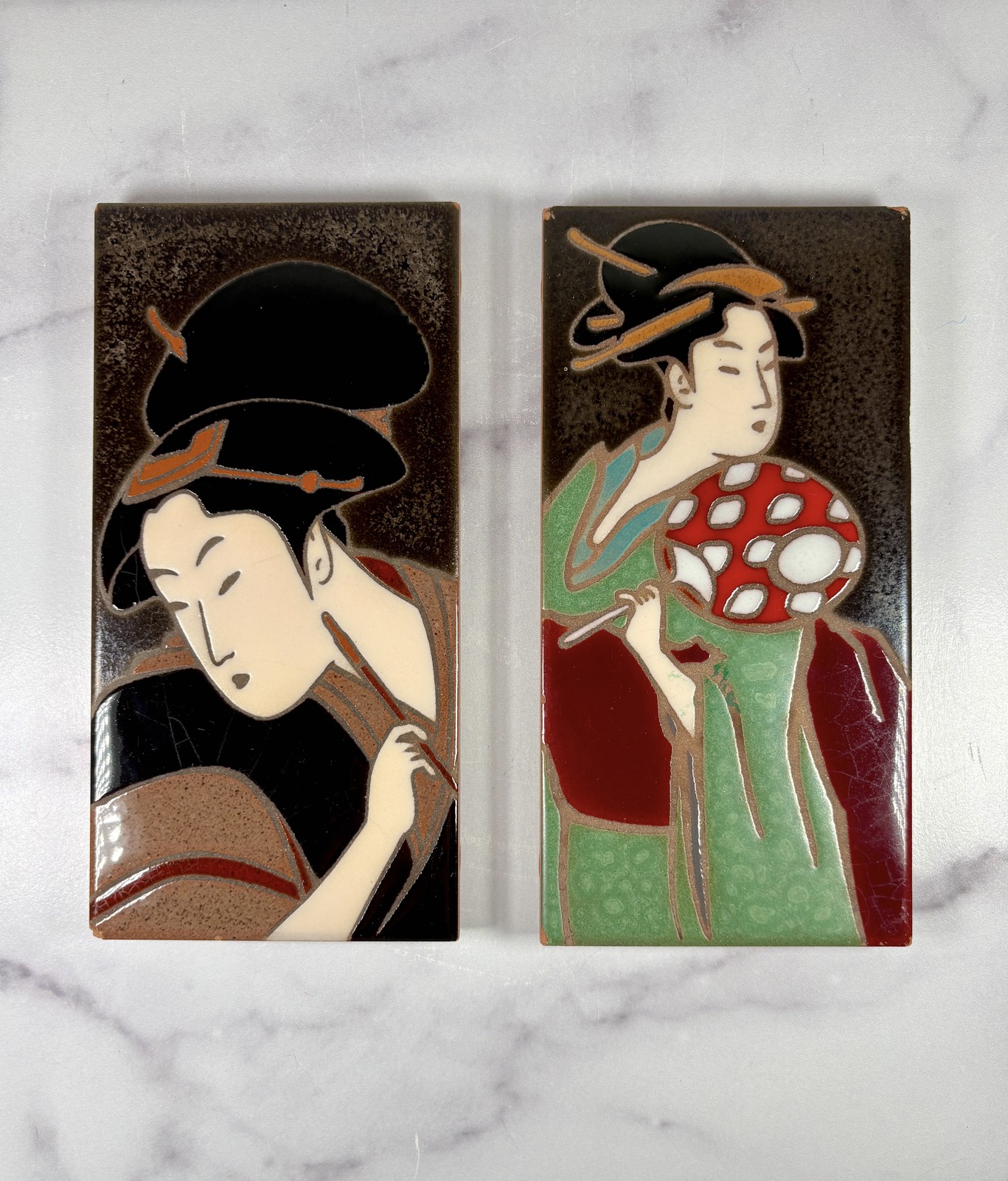 Pair Vintage Ceramic Italian Tiles Bardelli Style Pop Art Geisha Portraits 4x8\