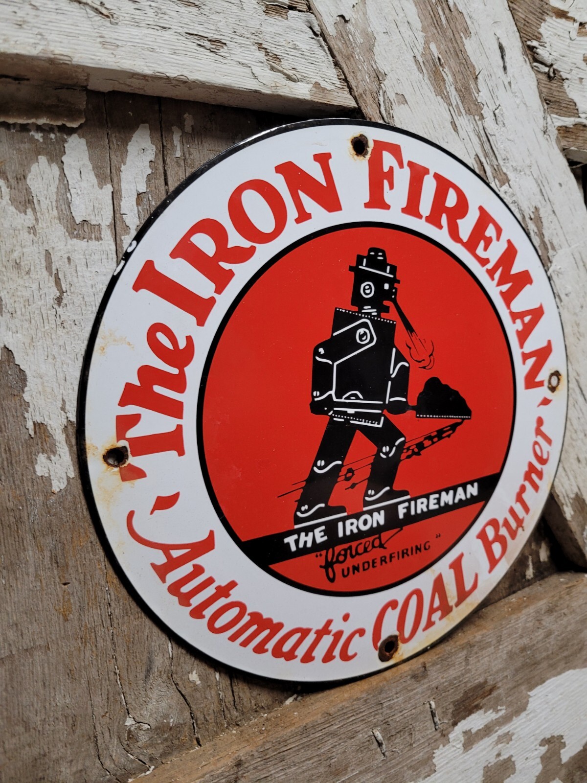 VINTAGE IRON FIREMAN PORCELAIN SIGN OLD HOUSE ROBOT COAL BURNING FURNACE HEATING
