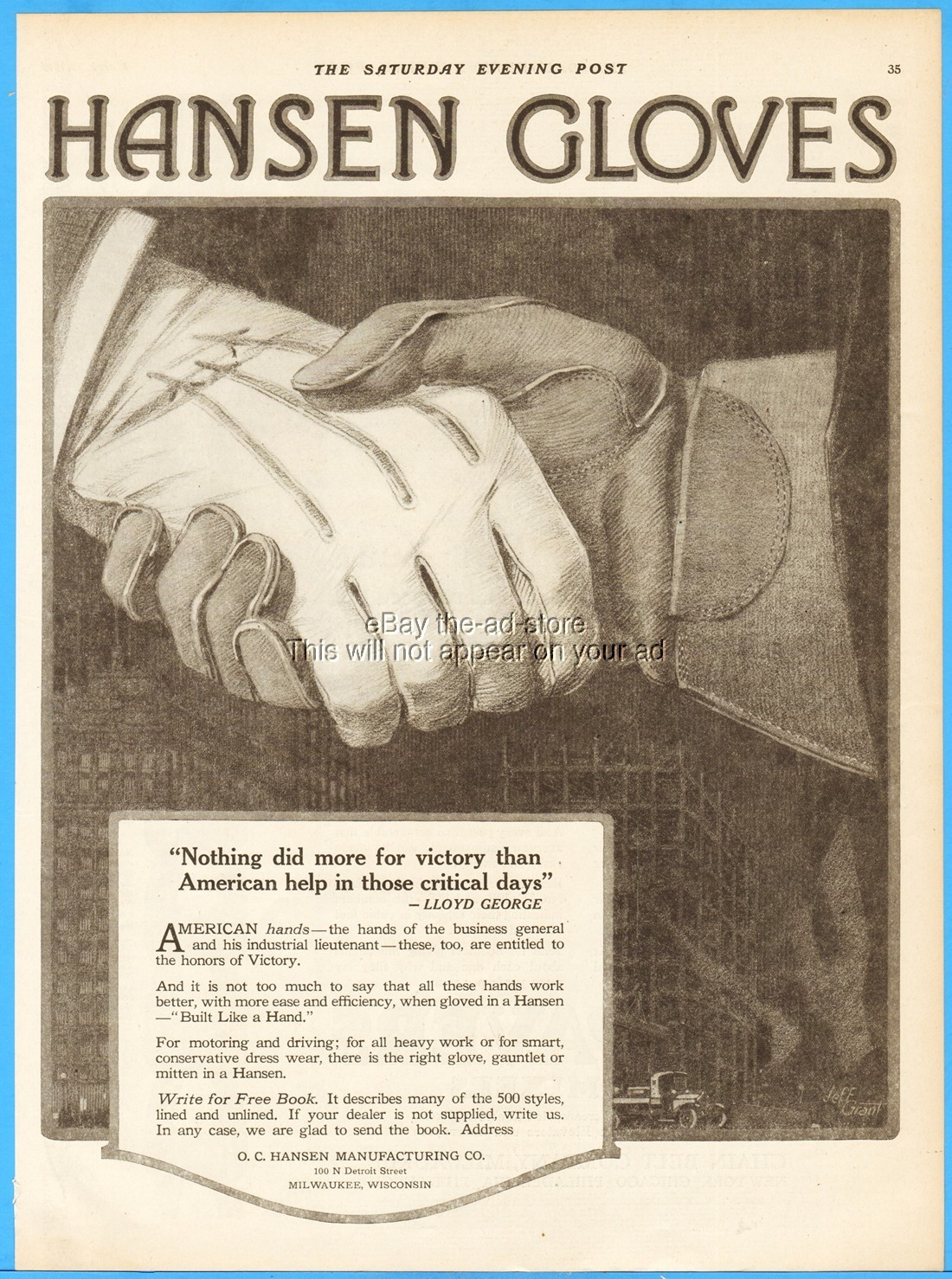 1919 Hansen Gloves Ad Milwaukee WI Post WWI Lloyd George Quote Handshake Art