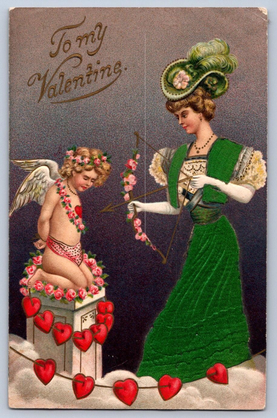 K60/ Valentine\'s Day Love Holiday Postcard c10 Silk Dress Cupid Woman 93